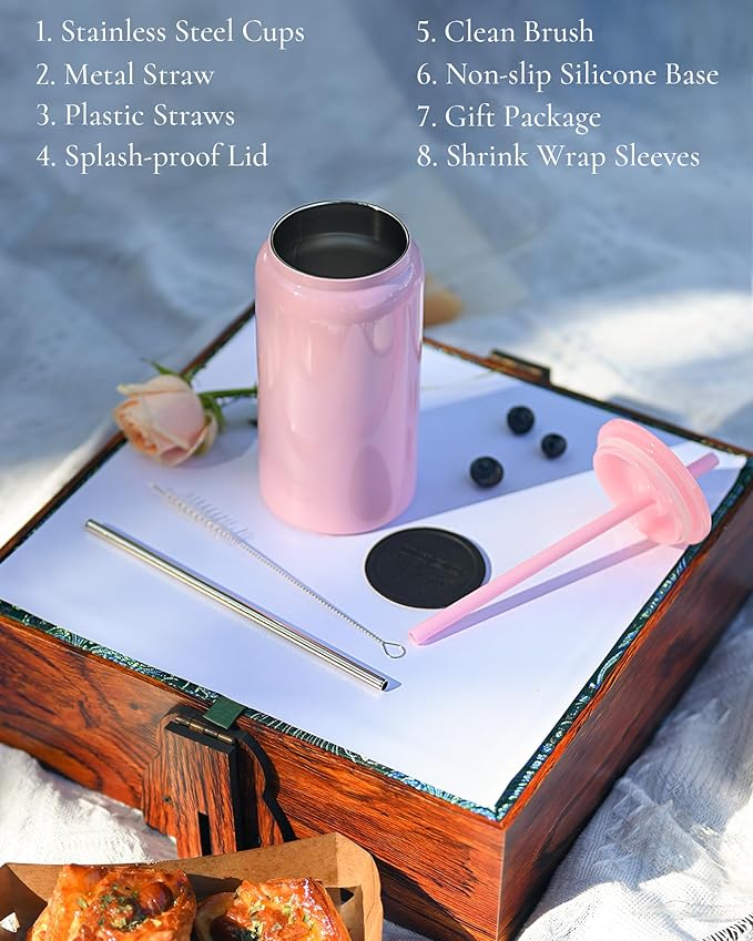 Glass Cups with Lids and Straws, 16oz Stainless Steels Cups, Beer Cups, Iced Coffee Cup, Smoothie Cup, Sublimation Tumbler, Cyan (Shiny Polished Finish, Sublimatable)