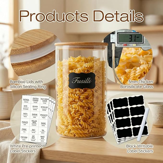 HomArtist Extra Large Glass Flour and Sugar Storage Containers with Airtight Lid,132 floz x1 & 65 floz x1 [Set of 2] Big Glass Jars with Bamboo Lids, Air Tight Food Jar for Cereal, Pasta, Rice, Coffee
