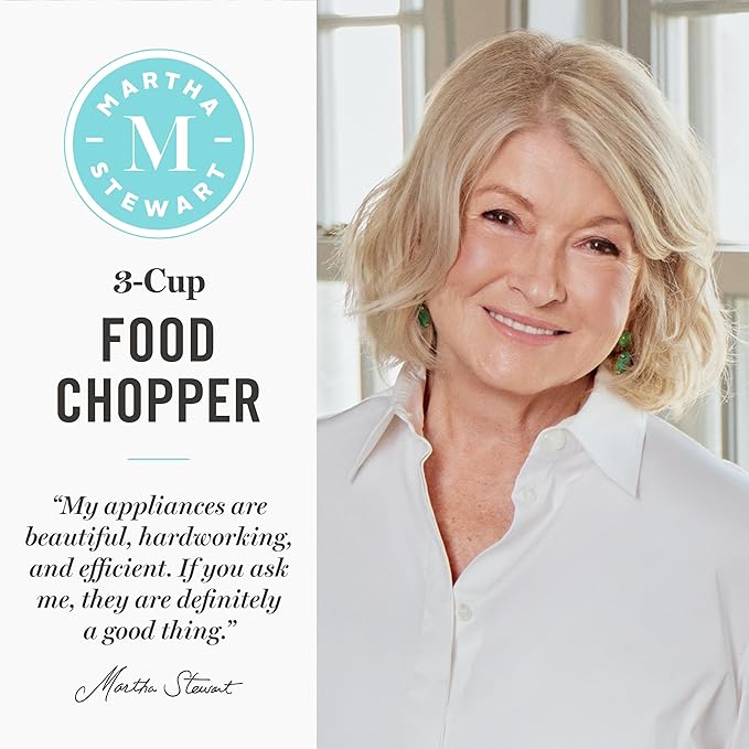 Martha Stewart 3 Cup Electric Food Chopper, Vegetable & Herb Mini Food Processor, 24oz BPA-Free Bowl, Stainless Steel Blades, Pour Spout, Dicing, Mincing, Chop & Puree, Dishwasher Safe, Caviar