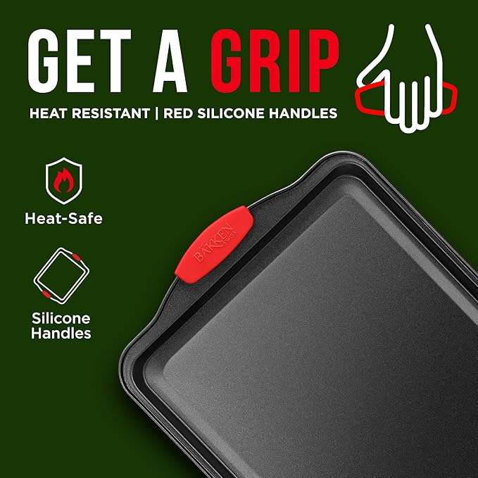 Nonstick Cookie Sheet Pan Carbon Steel Oven Tray Sheet Pan with Red Silicone Handles -Small Bakeware Pan Tray with Gray Coating Inside & Outside