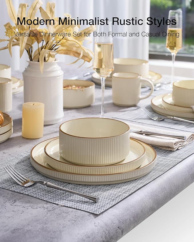 Famiware Star 24-Piece Stoneware Dinnerware Sets with Trim, Service for 8 - Ceramic Plates and Bowls Set, Ribbed Dishes with High Edge, Chip & Scratch Resistant, Microwave & Dishwasher Safe, Cream