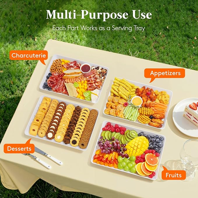 Lifewit Serving Tray for Party Supplies, Reusable Serving Platter for Catering, Snack, Fruit, Charcuterie, Appetizer, Plastic Food Trays, Hosting Essentials, BPA Free, White, 4 Pcs, Large(15" x 10")