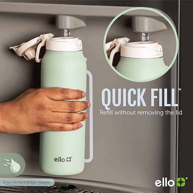Ello Pop & Fill 32oz Stainless Steel Water Bottle with QuickFill Technology, Double Walled and Vacuum Insulated Metal, Leak Proof Locking Lid, Straw and Chug, Reusable, BPA Free, Blossom Bliss