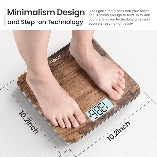 RENPHO Digital Bathroom Scale, Highly Accurate Body Weight Scale with Lighted LED Display, Round Corner Design, 400 lb, Core 1S, Wooden