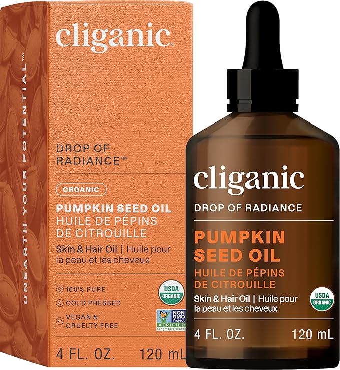 Cliganic Organic Pumpkin Seed Oil, 100% Pure - For Face & Hair | Natural Cold Pressed Unrefined (Packaging May Vary)