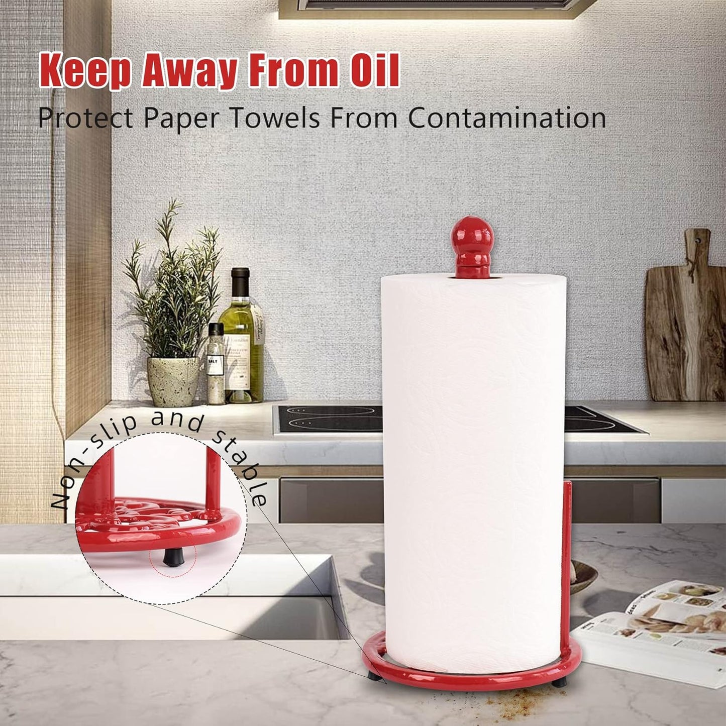 Vintage Red Cast Iron Paper Towel Holder - Weighted Base, One-Handed Tear for Kitchen Countertops