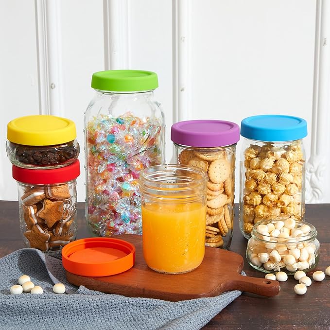 Teenyyou 12 Pcs Mason Jars 6 Wide and 6 Regular Mouth Lids Mason Jar Lids Thickened Leak Proof Lid for 86mm, 70mm Wide and Regular Mouth, Reusable Canning Jar Caps(Red Orange Yellow Green Blue Purple)
