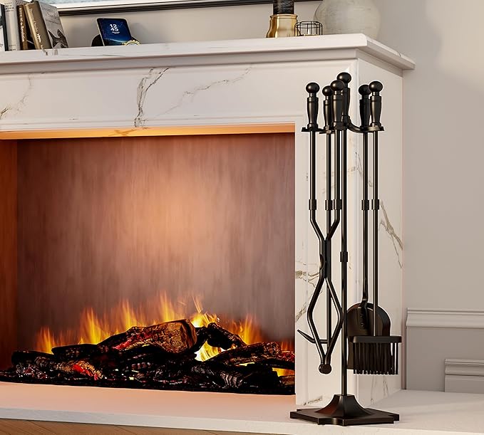 Fire Beauty Fireplace Tools, 5 Pieces Fireside Accessories Fire Kit Set,Woodstove Tools Holder Wrought Iron Handle Indoor Fireset Stand (32 Inches)