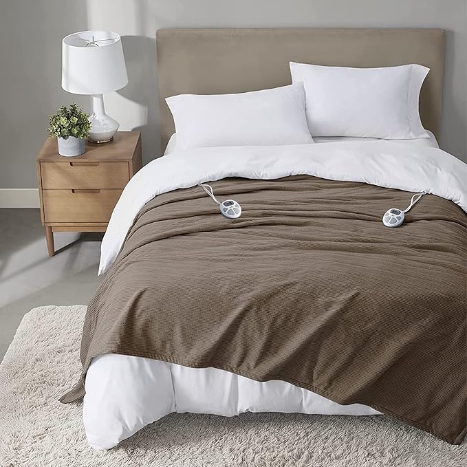 Serta Travis Fleece Ultra Soft Tri-Rib Textured Electric Blanket, Cozy and Snuggly Cover Fast Heating for Cold Weather, Auto Shut Off, Multi Heat Setting Controller, King, Stone Brown