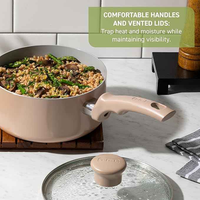T-Fal Refresh Ceramic Nonstick Cookware Set, 12-Piece Ceramic Pots and Pans Set, Includes Stockpot, Griddle, Frying Pans, Utensils, Moon Grey