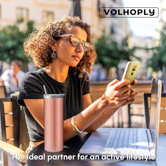 Volhoply 20 oz Skinny Tumbler with Lid and Straw, Stainless Steel Straight Tumblers Cup, Vacuum Insulated Coffee Mug for Home, Office, Travel, DIY (Rose Gold,1 Pack)