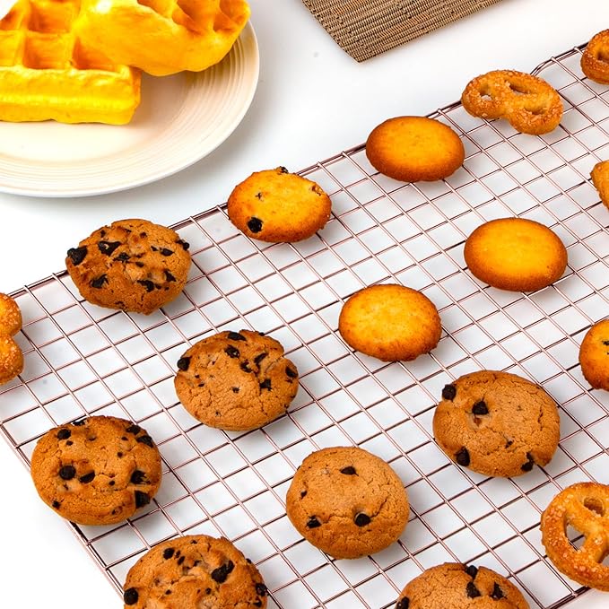 Briout Cooling Rack for Baking, 2-Pack 16x10 Inches Baking Rack, Thick Wire Cookie Rack for Cooking, Roasting, Grilling, Drying, Oven Safe, Fits Half Sheet Pan, Rose Gold