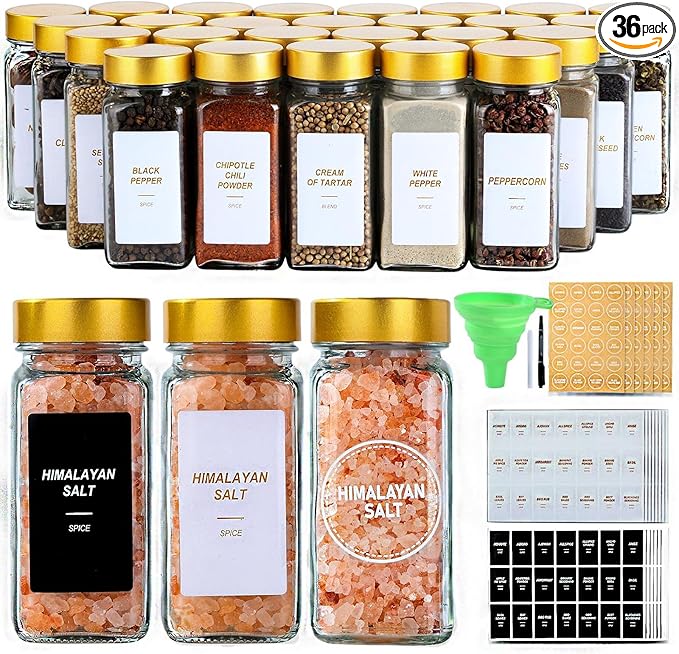Glass Spice Jars with Label, 36 Pcs Spice Jars with Shaker Lids-4 oz Gold Spice Seasoning Jars Bottles Containers Set for Spice Rack (36)