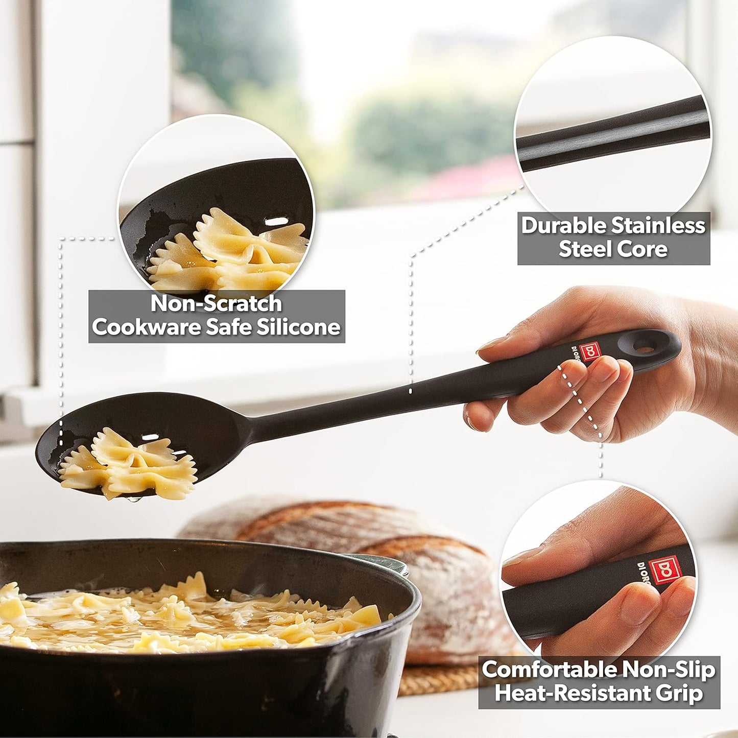 DI ORO Silicone Spoons for Cooking - Large Kitchen Spoons for Mixing, Serving, & Stirring - 600°F Heat-Resistant Non Stick Utensils – Big Solid & Slotted - Dishwasher Safe (2pc, Black)