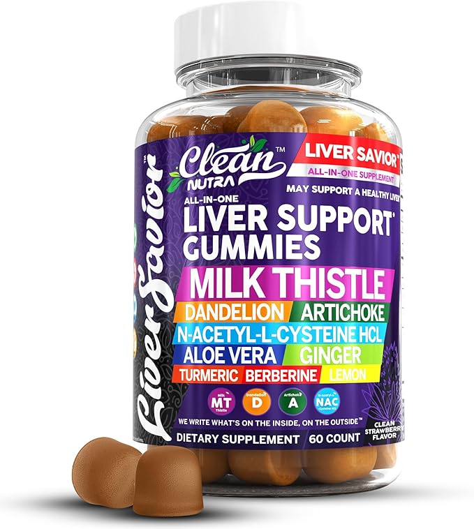 Clean Nutra Liver Cleanse Detox & Repair Gummies | Milk Thistle Gummy Liver Support Vitamins | Dandelion, Artichoke, Aloe Vera, Ginger, Berberine, Lemon, N-Acetyl-L-Cysteine, Turmeric Supplement HCL