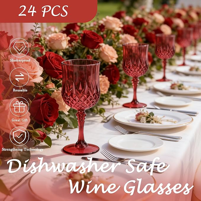 Plastic Wine Glasses, Plastic Goblets Vintage Style Cordial Unbreakable Drinking Glasses, Reusable Drinkware for Wedding Reception, Grand Event Party Supplies, Mother's Day (24, Burgundy)