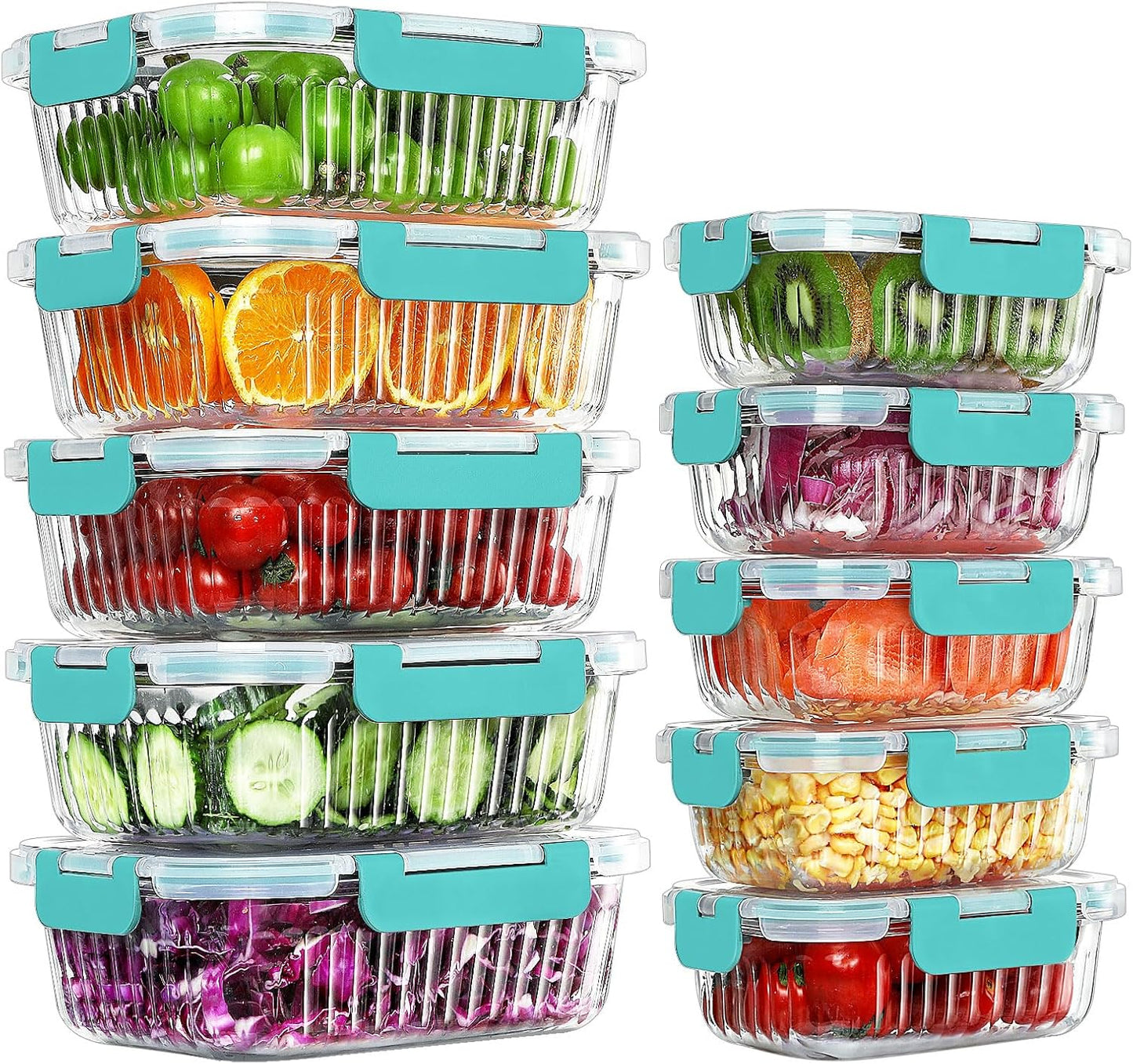 KOMUEE 10 Packs Glass Meal Prep Containers with Lids, Glass Food Storage Containers Set, Airtight Lunch Containers, Microwave, Oven, Freezer and Dishwasher Safe, Green