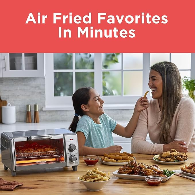BLACK+DECKER Crisp 'N Bake Air Fry Countertop Convection Toaster Oven, Medium Capacity, 4-Slice, 5-in-1, Fits 9” Pizza, 30-Min Timer, Bake, Broil, Air Fry, Toast, Keep Warm, Stainless Steel