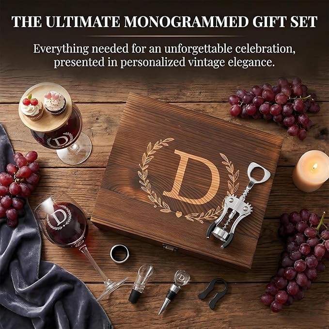 GZLDGIFTS Personalized Initial Wine Glasses Box Gift Set For Women Mom Engraved Birthday Monogrammed Wooden Christmas Gifts Wedding Anniversary Wine Couples Stopper Opener Initial Letterr (D Set)