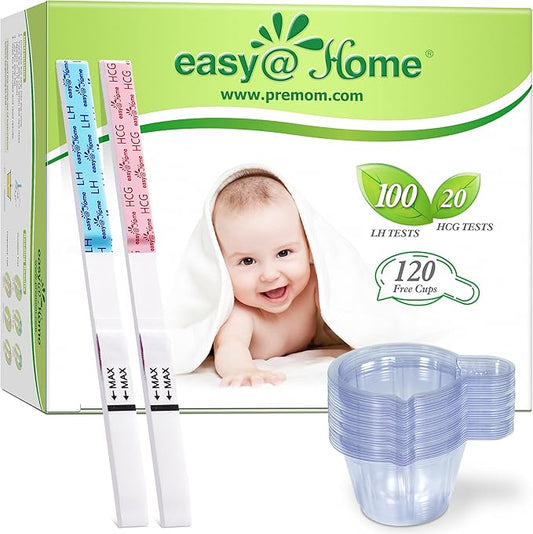 Easy@Home 100 Ovulation Test and 20 Pregnancy Test Strips, FSA Eligible Ovulation Test Kit Powered by Premom Ovulation Predictor Free iOS&Android APP,100LH + 20HCG + 120 Urine Cups-Package May Vary