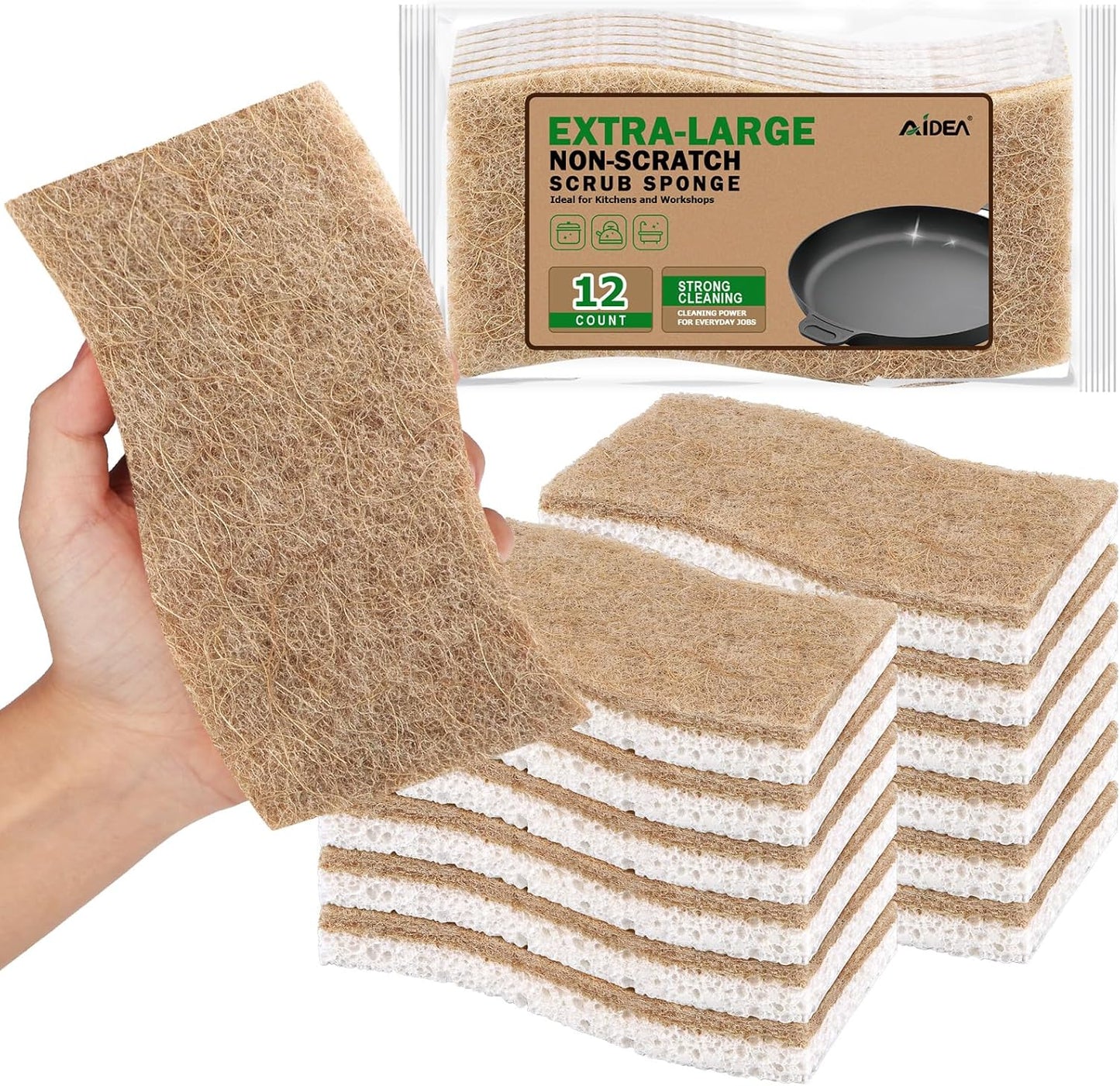 AIDEA XL Scrub Sponges Non-Scratch, 12Count, Large Natural Sponge for Non Stick Cookware, Sponges Kitchen, Cellulose Cleaning Sponge for Dishes, Kitchen, Bathroom, Household