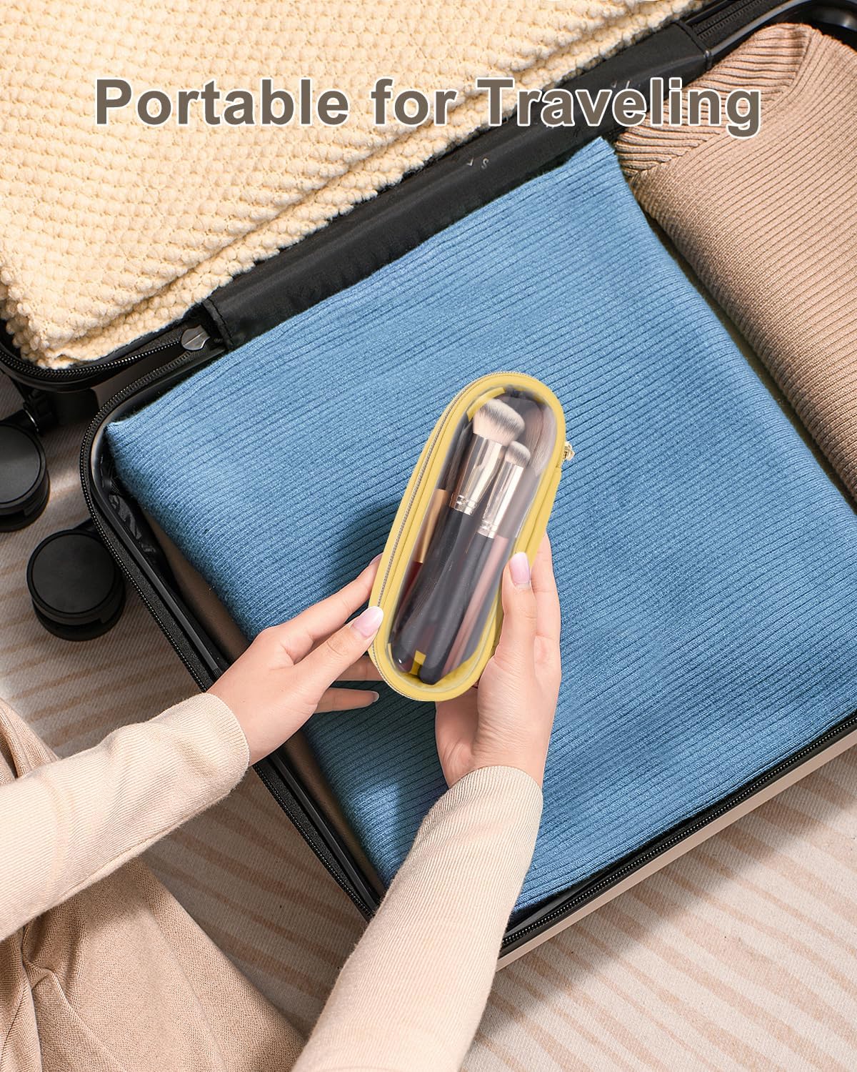 Clear Travel Makeup Brush Holder, Leather Makeup Brush Toiletry Bag, Portable Cosmetic Brush Case, Transparent Waterproof Makeup Brush Storage Bag, Yellow