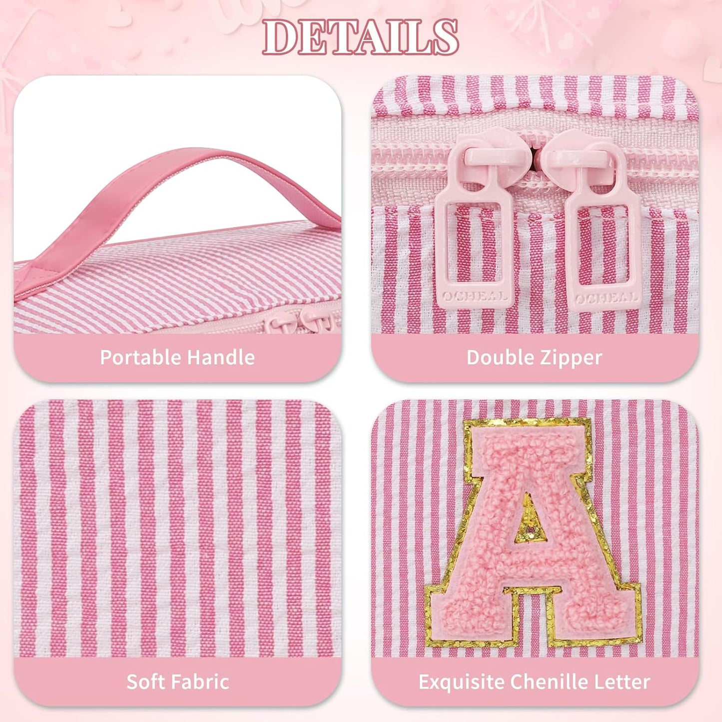 Travel Makeup Bag for Women, 2Pcs Portable Personalized Initial Makeup Organizer Bag, Open Flat Large Cosmetic Bag With Travel Essential Pouch (Pink Letter F)