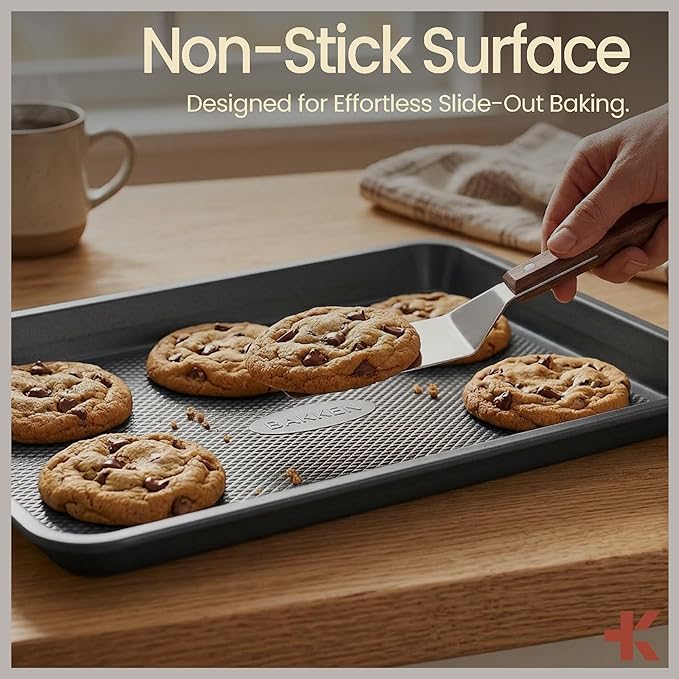 BAKKEN Kitchen Baking Pans - Small, Medium, and Large Cookie Pan (13.58×9.65, 15.75×11, 17.91×12.60), Nonstick, Diamond Texture Bottom, PFOA, PFOS, PTFE Free, Oven Safe Tray (450°F), Pack of 3, Gray