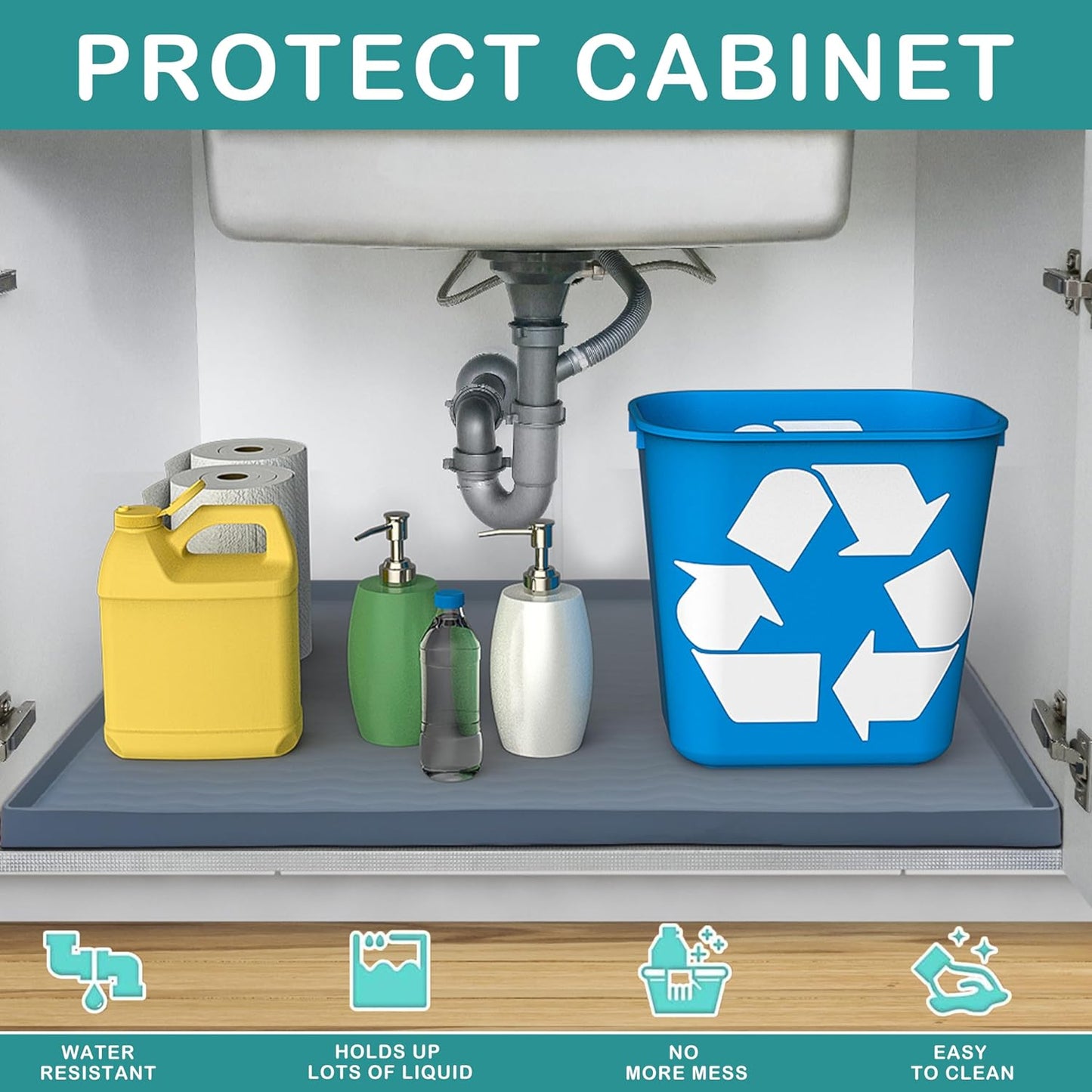 URMONA Waterproof Silicone Under Sink Mat 16'' x 10'' Shelf Liner for Kitchen and Bathroom, Cabinet and Counter Protector, Storage and Organizers, Litter Mat, Pet Cat Puppy Essentials(Beige)