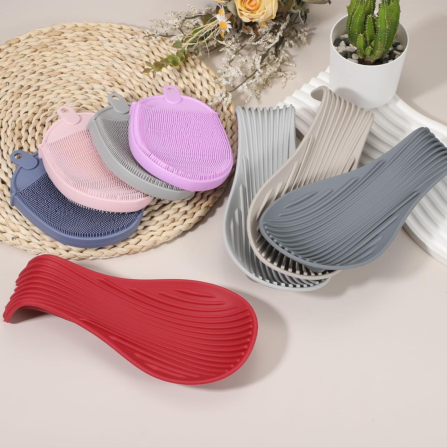 uxcell 1 Set Silicone Spoon Rest for Stove Top, Silicone Spoon Holder for Cooking Spatula, Ladle, Brush Black/Pink