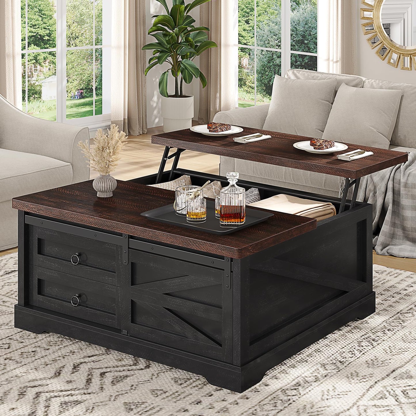 Itaar 39.4'' Lift Top Coffee Table with Storage, Farmhouse Coffee Tables for Living Room, Square Coffee Table with Large Hidden Compartment & 2 Drawers & Adjustable Shelves, Black