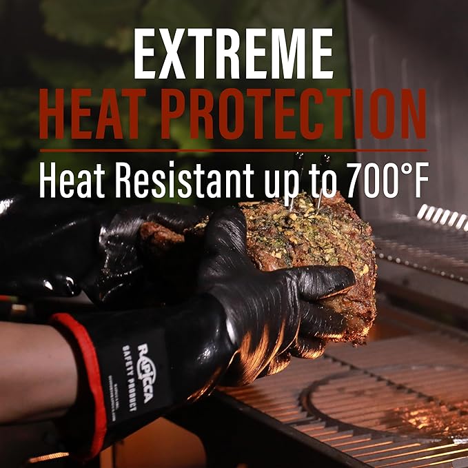 RAPICCA 700°F Heat Resistant BBQ Grill Gloves, Oil Resistant & Waterproof for Smoking, Grilling, Cooking, Deep Frying Turkey, Handling Hot Greasy Meat | Great Stocking Stuffers for Men