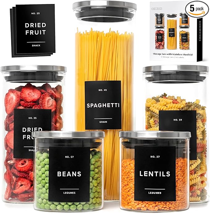 EDELHAUS Glass Storage Containers with Stainless Steel Lids [Extra Thick Glas] with 54 Labels - Canister For Pantry Noodles Flour Cereal Rice Sugar Tea Coffee Beans - Round Set of 5x