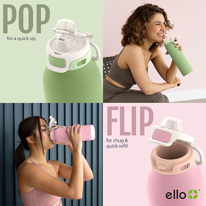 Ello Pop & Fill 32oz Stainless Steel Water Bottle with QuickFill Technology, Double Walled and Vacuum Insulated Metal, Leak Proof Locking Lid, Straw and Chug, Reusable, BPA Free, Strawberries