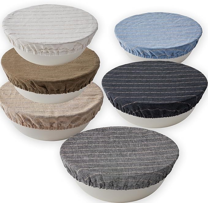 100% Pure Linen Bowl Covers For Bread Proofing, 4 Pcs Elastic Reusable Bowl Covers Large Ticking Striped Cloth Fabric Stretch Sourdough Lids, 6 * 8 * 10 * 12 Inches- Navy Blue