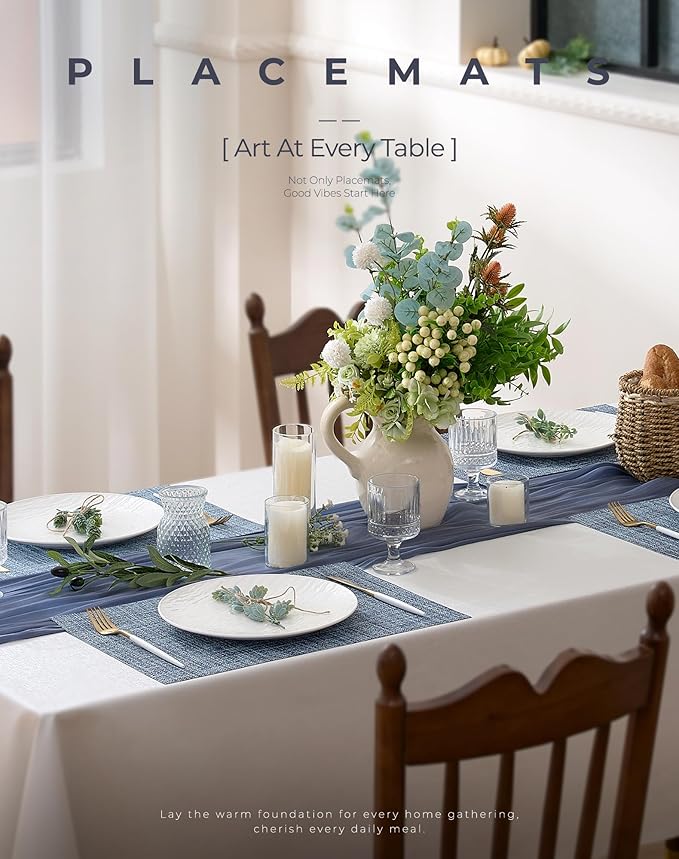 Leetaltree Deep Navy Woven Placemats Set of 12 - Heat Resistant Non-Slip Place mats for Dining Table, Washable Durable PVC Vinyl Woven Table Mats(Deep Navy, 12)