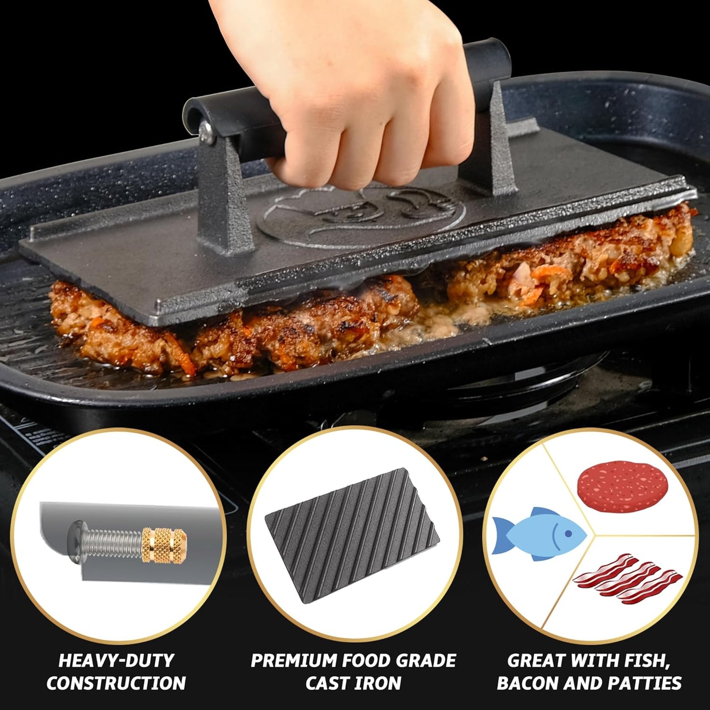 3lb Cast Iron Grill Press, Heavy Duty Smash Burger Press for Griddle Heat Resistant Handle, Burger Smasher, Hamburger Press, Grill Press for Griddle, Bacon Press Meat Press, BBQ Grill Accessories