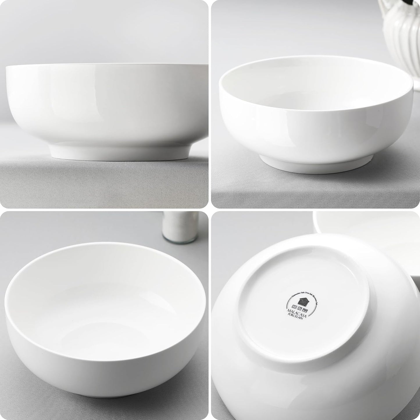 MALACASA Large Serving Bowls - 60 OZ (8") Salad Bowls Set of 2, White Mixing Bowls for Kitchen, Soup, Pasta and Dinner, Large Salad Bowls Set, Dishwasher & Oven Safe, Series REGULAR