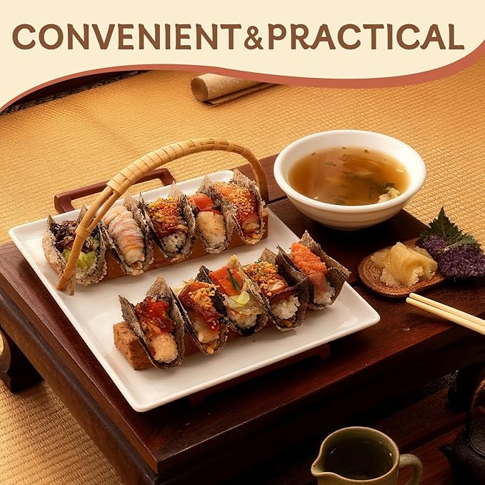 Wooden Taco Holder Stand for Sushi Hand Roll, Temaki & Sushi Roll – 1/2/3/5 Slot Sushi Display Tray, Natural Wood Serving Platter (2 pcs per Pack) (3 Slot (2 pcs))