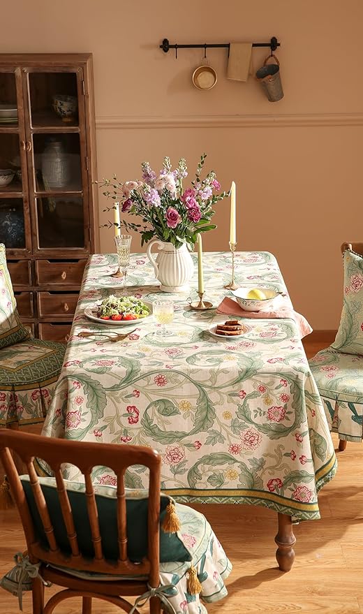patdrea Designer French Vintage Rectangle Tablecloth,Green Linen Leaves Pattern Table Cloth,Decoration Floral Table Cover for Kitchen Dining Christmas,Thanksgiving,Party,63"x87"-Cecilia a