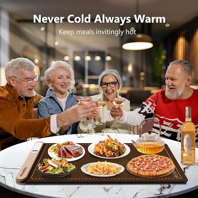 3-Pack Silicone Food Warming Mat & Food Warmers for Parties Buffet - Rapid Heating 6-Level Temp Control, Rollable Portable Easy Clean - Value Set for Gatherings & Home Daily Use（Brown）