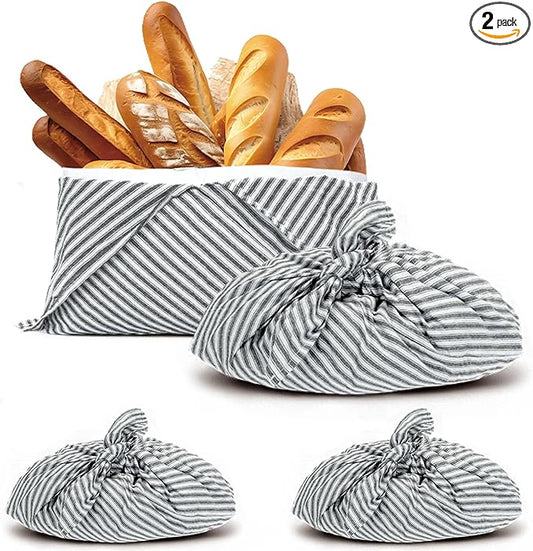 2 Pack Beeswax Bread Bags, Striped Linen Bento Bags, 14" Cotton Loaf Bag, Reusable Organic Food Storage, Sourdough Bag, Rustic Farmhouse Azuma Bukuro Origami Wrap for Baked Gifts (Navy Blue, 2)