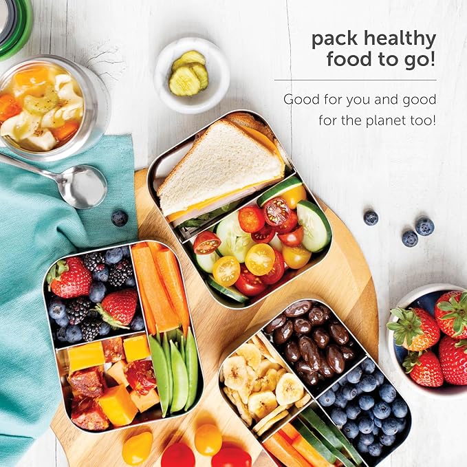 LunchBots Large Trio Stainless Steel Lunch Container -Three Section Design for Sandwich and Two Sides - Metal Bento Lunch Box - Eco-Friendly - Stainless Lid - Staineless Steel