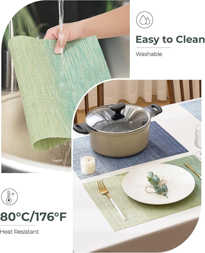 Leetaltree Gradient Green Woven Placemats Set of 8 - Heat Resistant Non-Slip Place mats for Dining Table, Washable Durable PVC Vinyl Woven Table Mats(Gradient Green, 8)