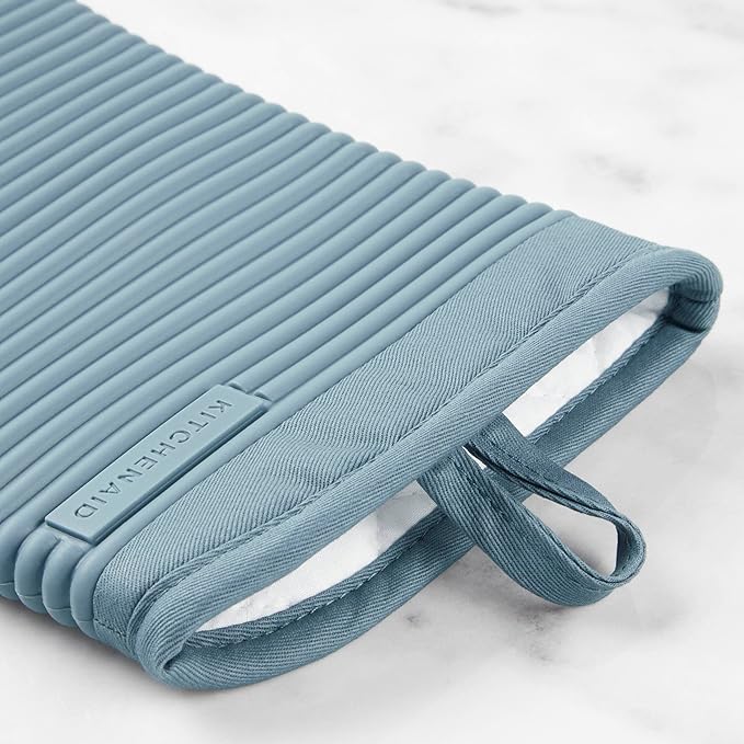 KITCHENAID Ribbed Soft Silicone Oven Mitt 2-Pack Set, 7.5"x13", Fog Blue