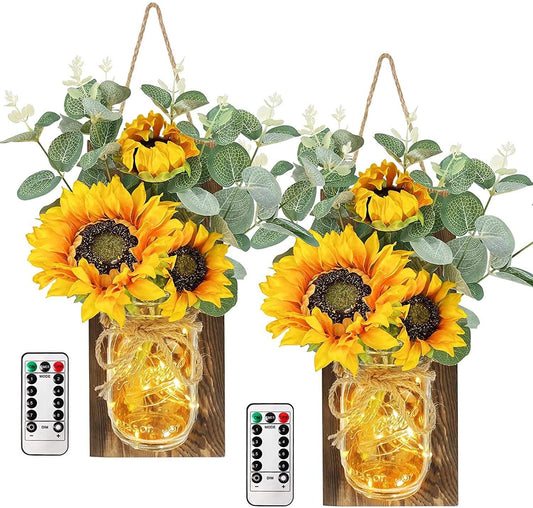 2 Pack Mason Jar Wall Sconces Remote Control with 20 LED Fairy String Lights, Sunflowers and Wooden Board, Decorative Jars for Wall Decor, Door Decor (Brown)