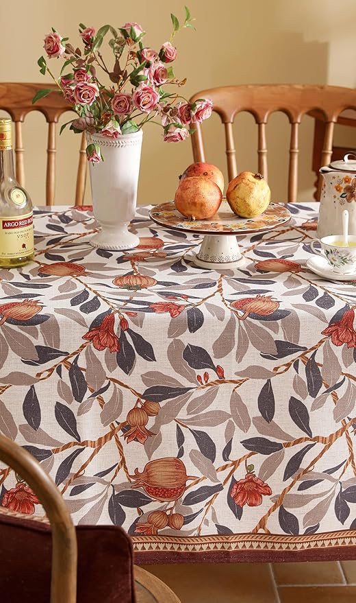 patdrea Designer Vintage Rectangle Tablecloth,Linen Pomegranates and Leaves Pattern Tablecloths,Fall Table Cover Cloth Decor for Kitchen Dining Christmas,Thanksgiving,55"x87"-Tehran a