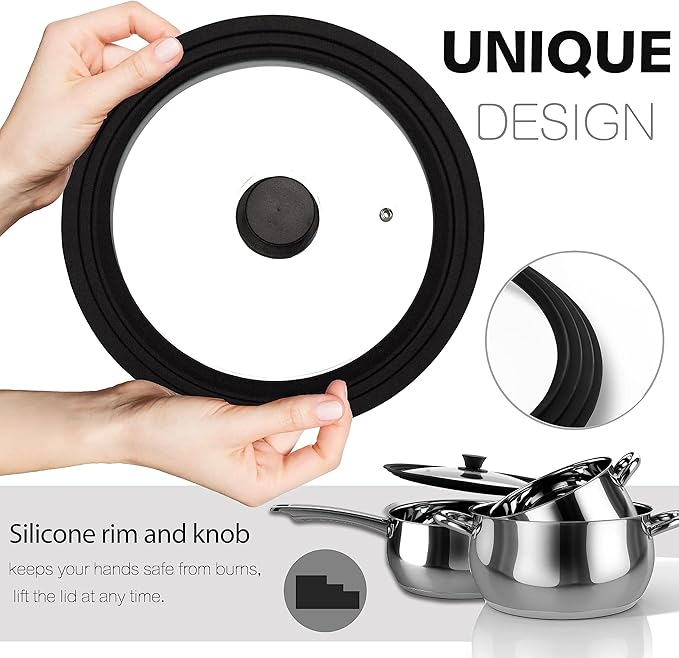 Lerykin Tempered Glass Lid - Universal Lid with Heat Resistant Silicone Rim for Pots, Pans and Skillets - Pan Cover Replacement Lid Fits 11", 12" and 12.5" Diameter Cookware