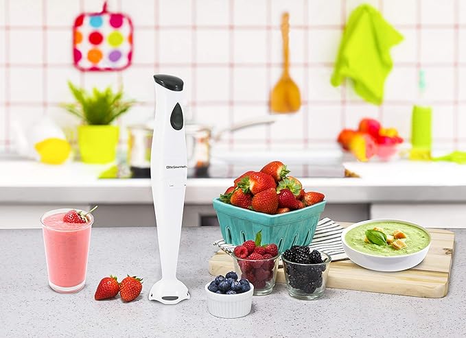 Elite Gourmet EHB-2425X Electric Immersion Hand Blender, Mixer, Chopper, 1-Touch Control Multi Purpose Electric Immersion Stick, Mixer, Chopper, 150 Watts, For Soups, Sauces, Baby Food, White