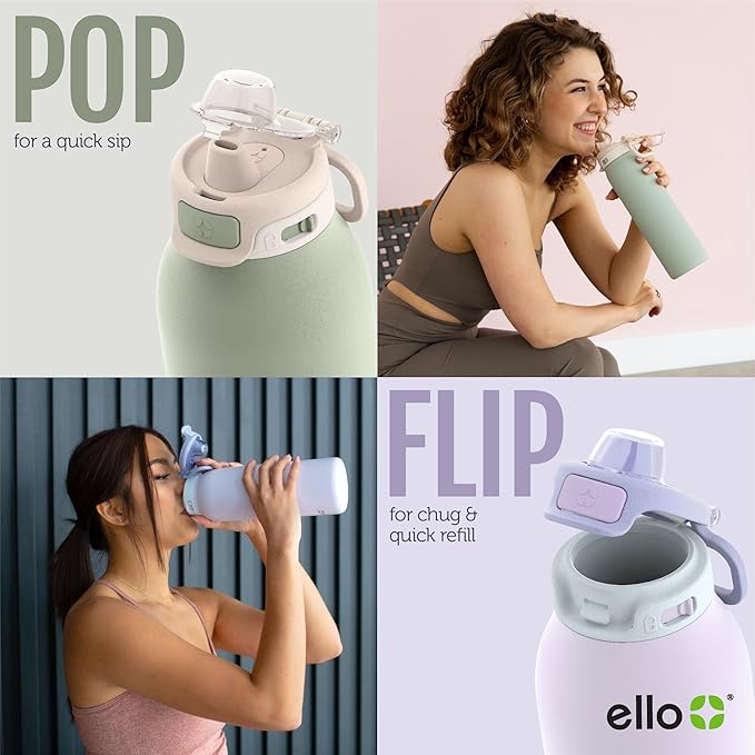 Ello Pop & Fill 32oz Stainless Steel Water Bottle with Quick Fill Technology, Double Walled and Vacuum Insulated Metal, Leak Proof Locking Lid, Sip and Chug, Reusable, BPA Free, Tonal Black